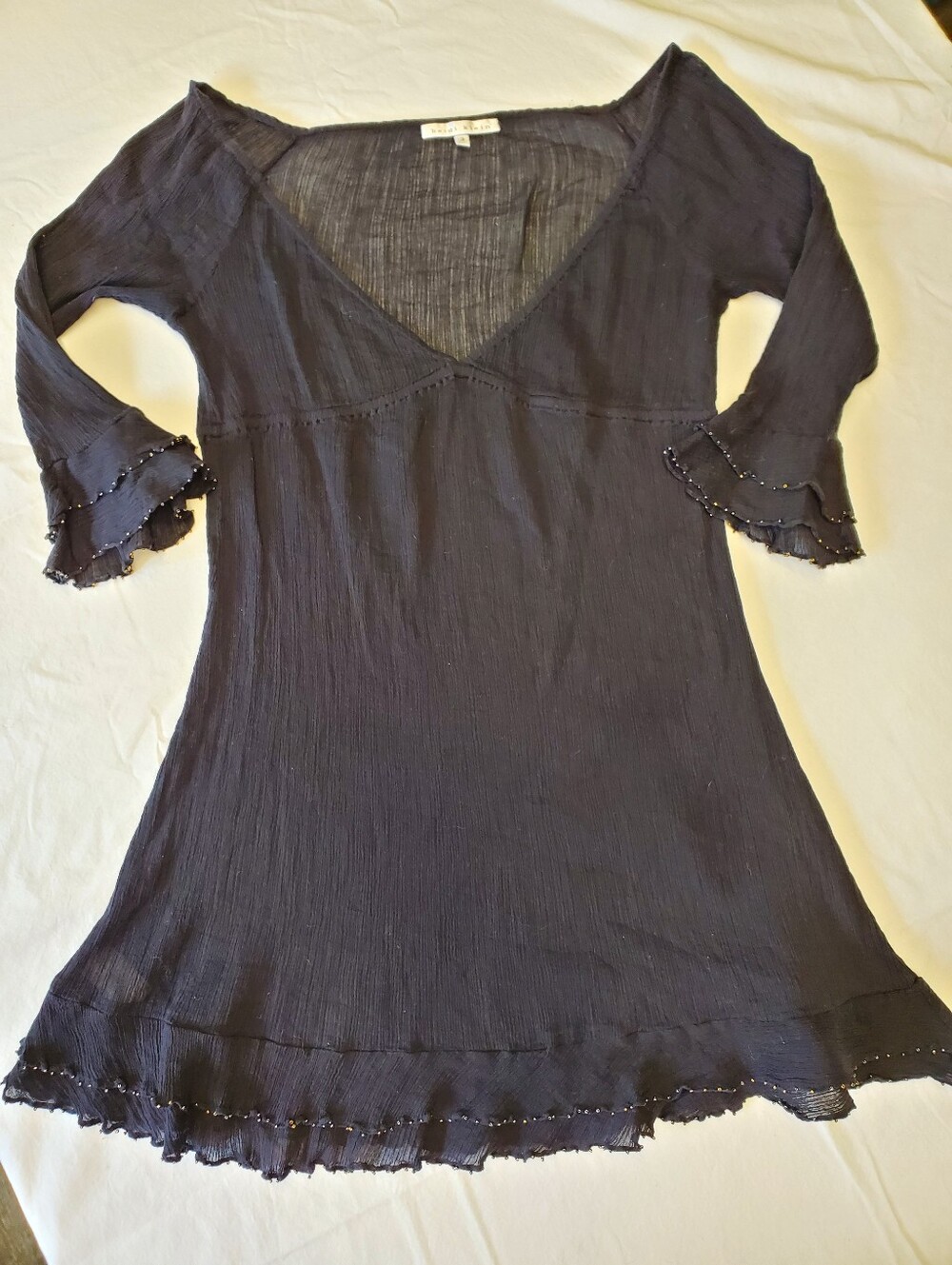 Heidi Klein Boho Crinkle Cotton Beaded Ruffle Tunic Cover Up Dress Black Size 3